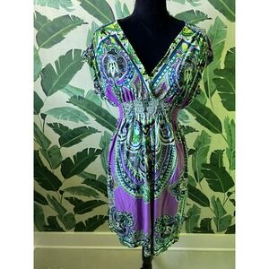 She's Cool Paisley V-Neck Smocked Waist Dress Y2K 90s Women M Purple